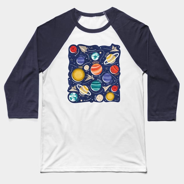 Paper space adventure I // illo // navy blue background multicoloured solar system paper cut planets origami paper spaceships and rockets Baseball T-Shirt by SelmaCardoso